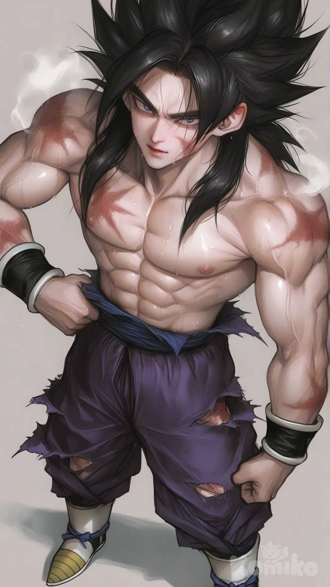 ultra 8K. Full-body portrait of Vegetto (Dragon Ball Z) as a permanent fusion in a desolate future. His physique is massively powerful: exaggeratedly broad shoulders, a barrel chest with hyper-defined pectoral striations, and a sharply chiseled eight-pack abdomen. His left arm is enormous, with a bulging, peaky bicep and thick, ropy forearm veins. His right arm is entirely missing at the shoulder, leaving a concave area of knotted, scar tissue. A thin, pale scar runs down his left cheek. A starburst-shaped, rough burn scar is visible on his right pectoral. He wears only the tattered remnants of dark blue Saiyan armor pants, torn off above the knees and frayed at the edges, hanging low on his hips. His hair is the classic Vegito style but longer, wilder, and with strands sticking to his sweaty skin. His expression is weary yet defiant, with piercing, serious eyes that hold a mix of Goku's warmth and Vegeta's severity. Dramatic sunset lighting in a ruined cityscape, casting long shadows that accentuate his muscular definition and scars. Dust particles in the air. Style: a fusion of Akira Toriyama's character design with the realistic, gritty painting style of Greg Rutkowski and the dynamic energy of Yoji Shinkawa. - [semi-realistic-portrait-style]