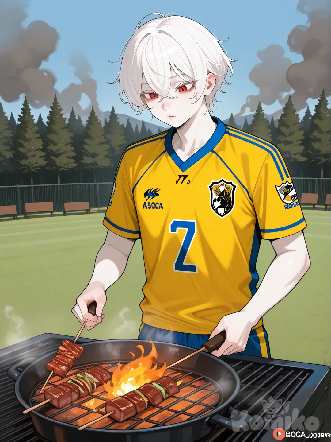 enano albino, con los ojos rojos, con camiseta de boca y que este haciendo un asado argentino