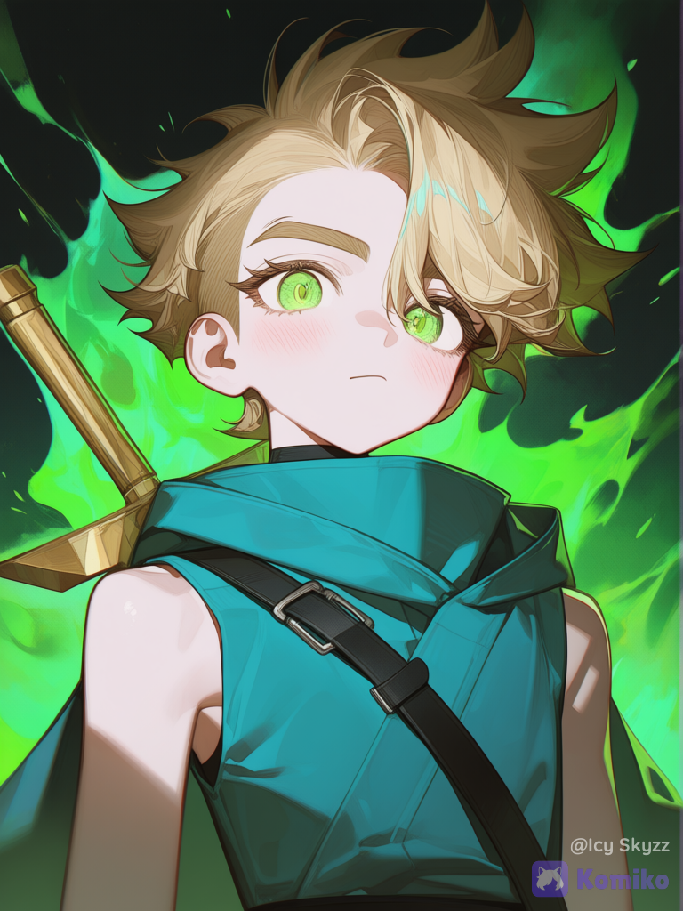 @lloyd-montgomery-garmadon-XlLM, Green glowing energy orb in one hand, portrait, background: green energy vibrant and bright, [high-contrast-glossy-style]sword on his back (gold with green in the middle)