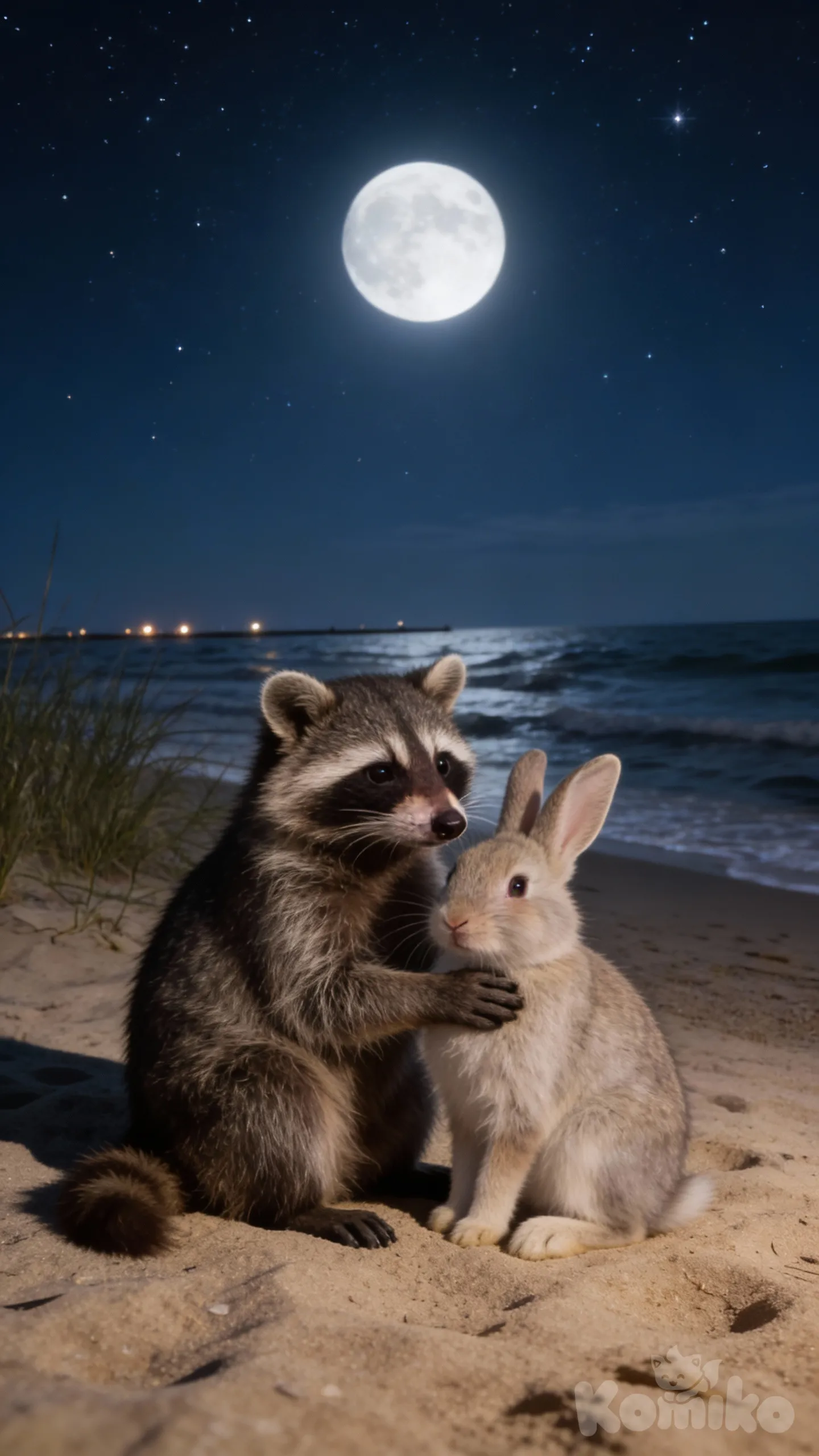 Quiero que hagas una imagen con referencia a la que te di pero en lugar de dos gatos quiero que los cambies por un mapache y un conejo, mirando hacia la luna en una playa.
Tipo realista