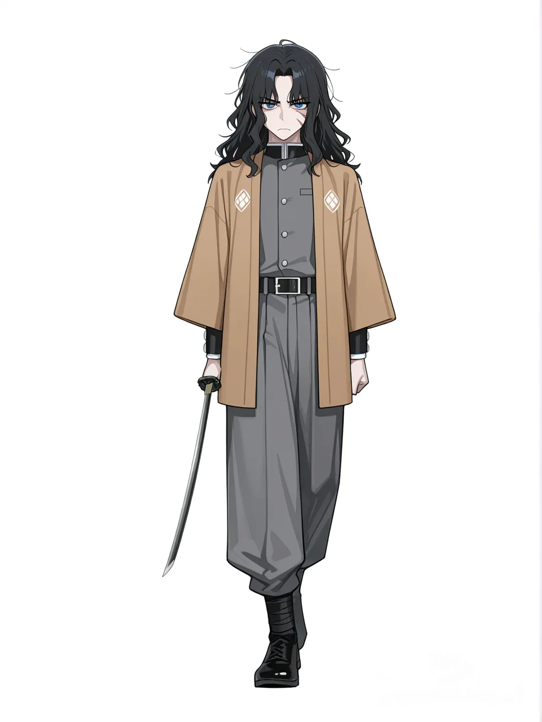 [toon-shaded-style] 1boy, semi_realistic, portrait, jelly_artstyle, black_hair, long_hair, wavy_hair, blue_eyes, piercing_eyes, pale_skin, scar, scar_on_face, scar_from_mouth_to_left_eye, athletic_build, teenager, serious_expression, demon_slayer_uniform, grey_uniform, silver_buttons, haori, brown_haori, beast_design, vintage_haori, long_haori_sleeves, haori_sleeves_covering_hands, baggy_pants, covering_ankles, holding_katana, looking_down_at_viewer, single_character, full_body, simple_background, white_background
