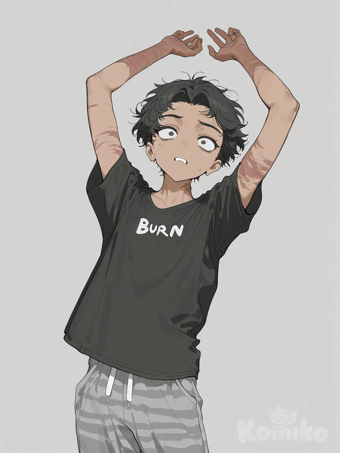 A teenage boy, Mexican with warm brown skin, curly dark short hair that covers his ears, burns on arms along with minor scars, wearing t-shirt and pajama pants, looking frightened, grey background
