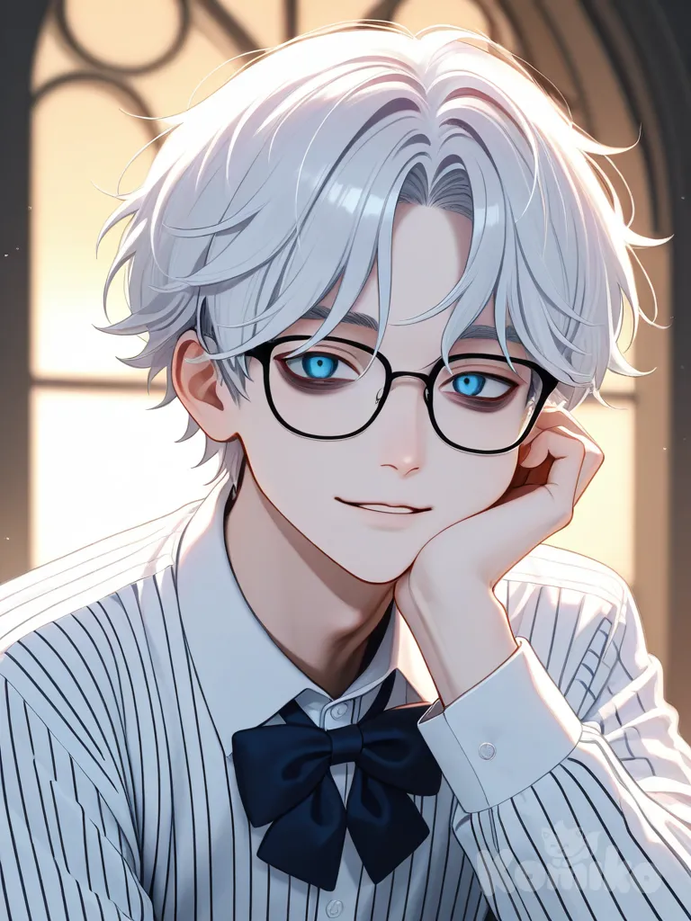 semi-realistic art, male with curly white hair and blue eyes with black rimmed glasses, hand cupping face, wearing a light grey pinestripe dress shirt with a ribbon bow with a small cyan gem, pale skin, dead looking eyes, soft smile, shading, angelic, handsome, slightly parted lips