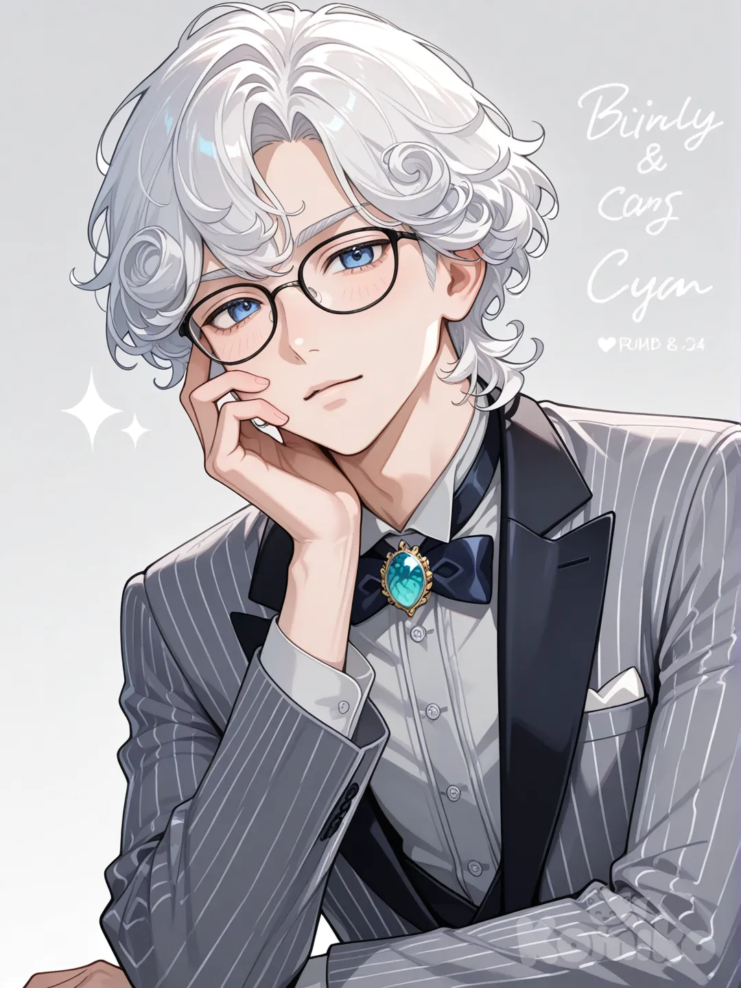 semi-realistic, male with curly white hair and blue eyes with black rimmed glasses, hand cupping face, wearing a light grey pinestripe dress shirt with a ribbon bow with a small cyan gem