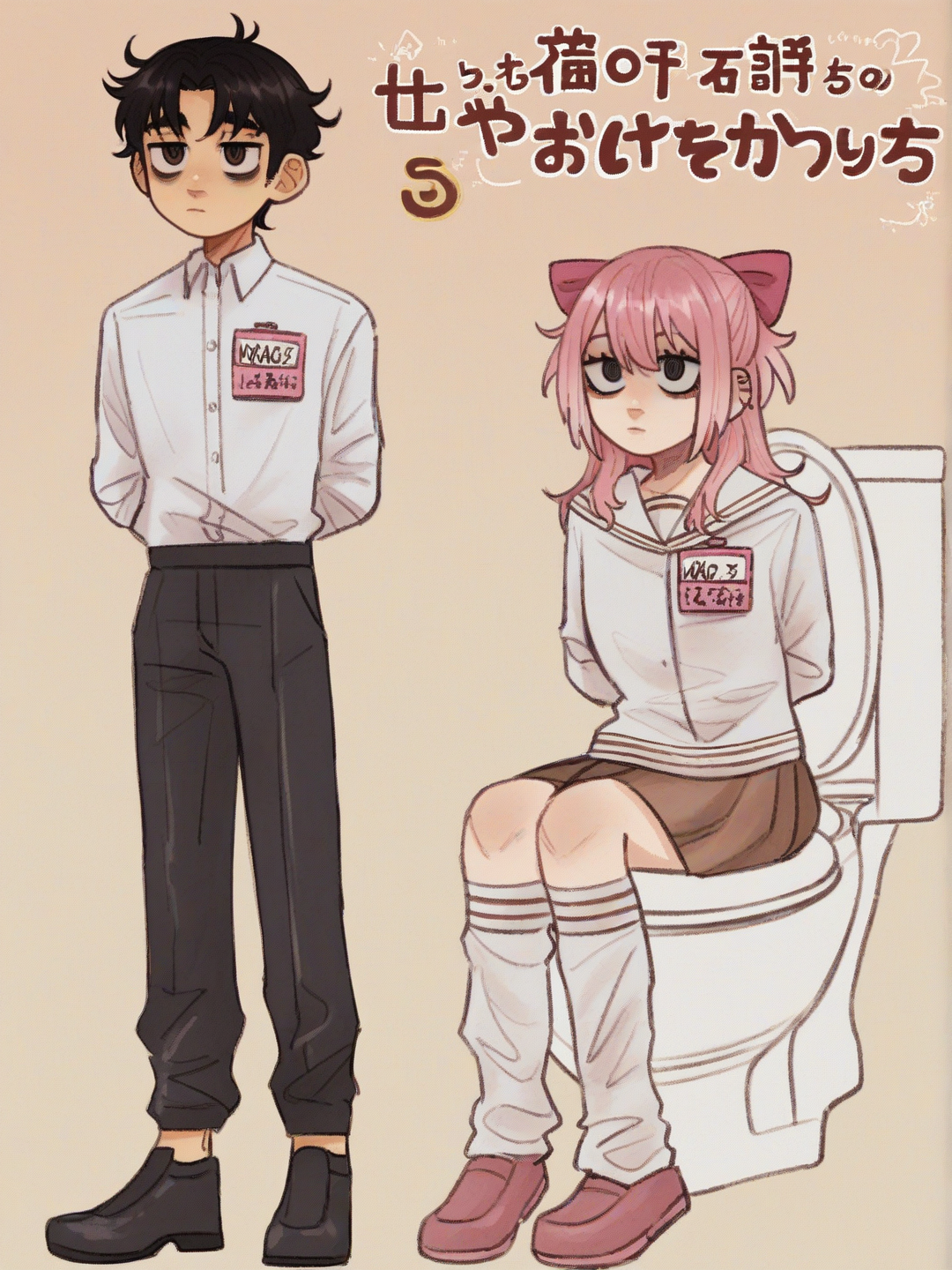 [soft-shaded-moe-style] 1boy, 1girl, aikoku yajima, nao yamamoto, toilet_bound_hanako_kun style, manga cover, school uniform, middle school student, white shirt, black trousers, name tag, japanese text, choppy short hair, brown hair, dead eyes, void swirl, black long sleeves, white sailor collar, pink hair bow, long hair, black hair, choppy bangs, school background, full body, looking at viewer