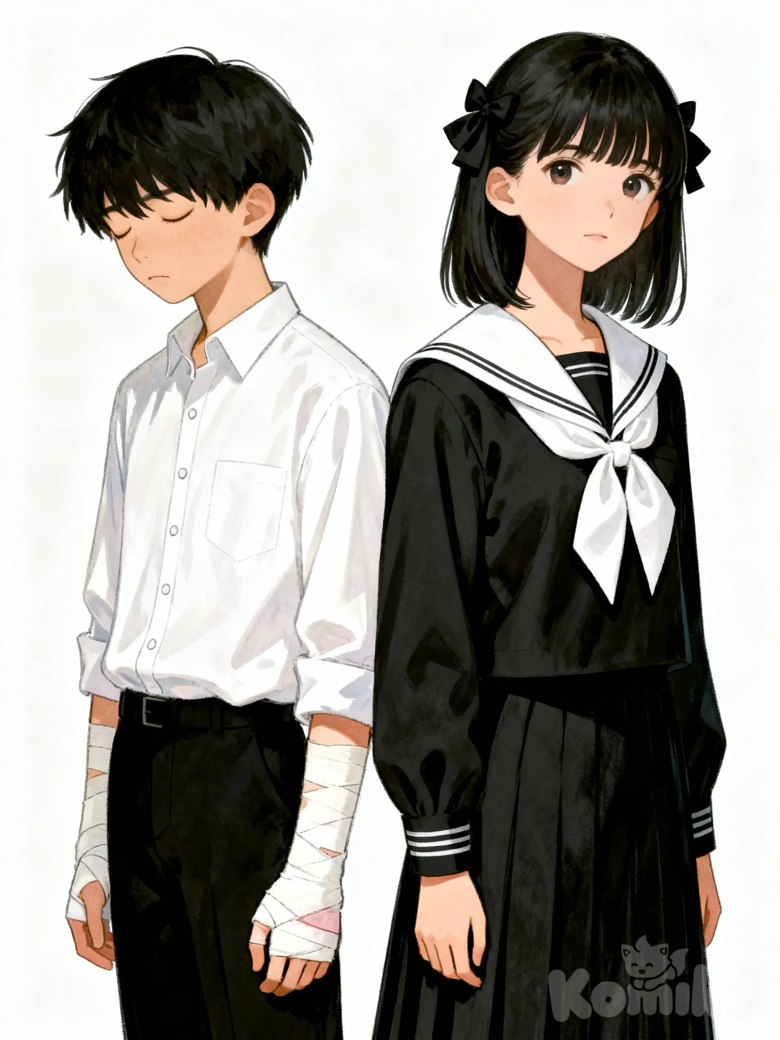 [soft-pastel-style] 1boy, 1girl, nao, aikoku, standing back to back, japanese middle school students, duo, girl taller than boy, boy shorter by couple inches, black and white color contrast, confident female, resigned male pose, closed eyes, choppy short black hair, shoulder-length hair, hair bangs, hair bows, black sailor school uniform, white collar bow, white button-up shirt, black pants, bandaged arms, semi-realistic, book cover, traditional japanese design homage, duo, full body, looking at viewer, simple background, white background