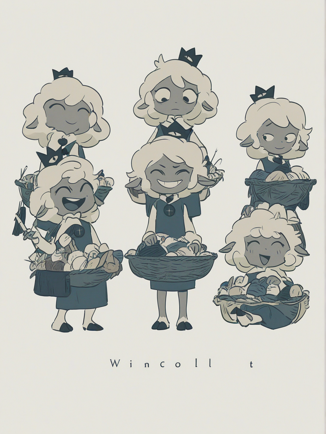 [bright-anime-style] multiple_girls, lamb_(cult_of_the_lamb), una, tup, wether, winifred, ethel, thesis, anthropomorphic_sheep, wool_hair, hooves, tunics, basket, cotton, knitting_materials, sewing_tools, simple_home, rolled_cots, shrines, cult_altar, old_statue, corner_shrine, group, siblings, talking, carrying_basket, looking_down, grinning, sighing, laughing, single_character, full body, looking at viewer, anime style, simple background, white background