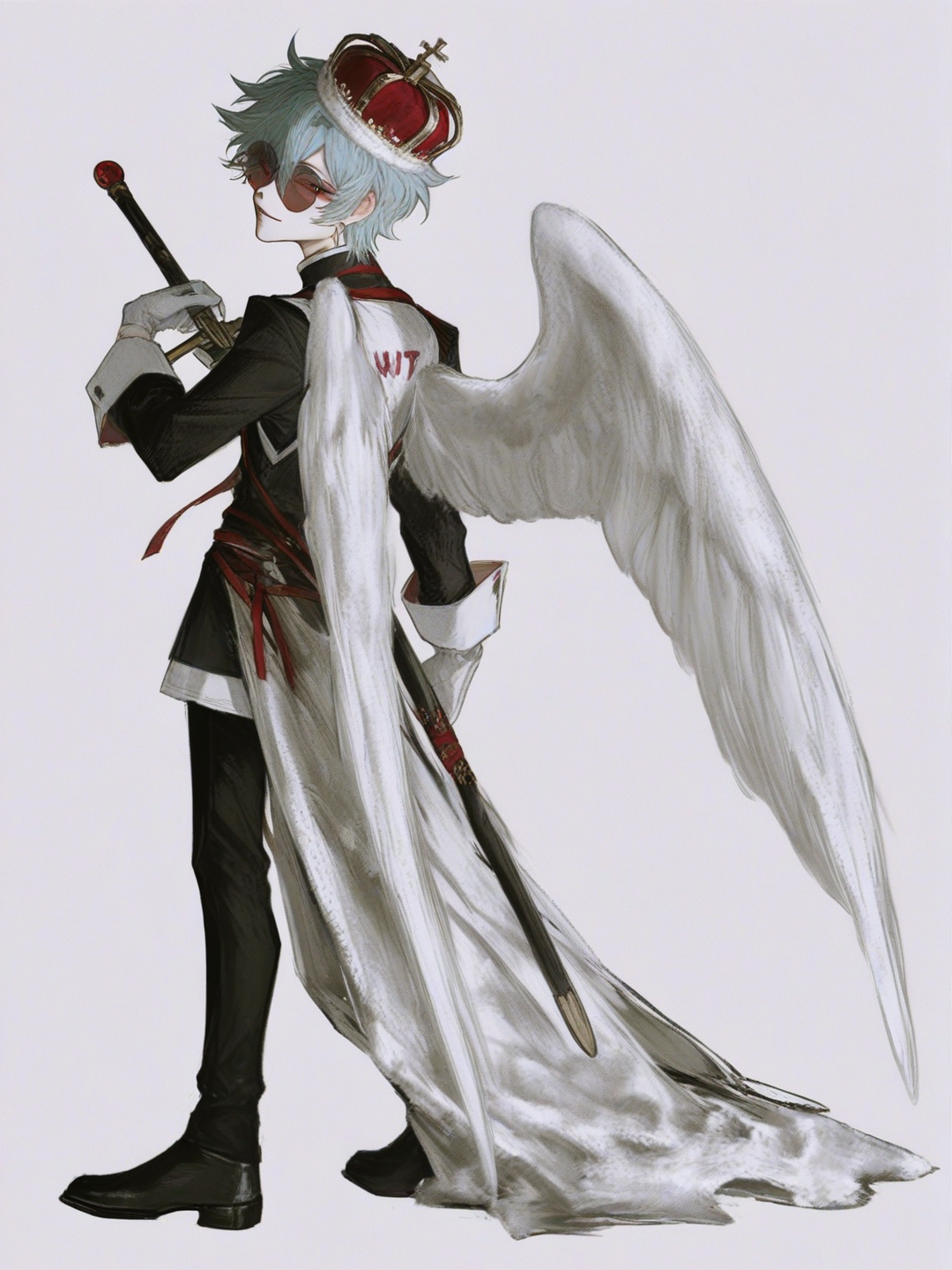 [semi-realistic-portrait-style] 1boy, hazbin_hotel_style, angel, light_blue_hair, toga, white_wings, floral_crown, sword_on_back, single character, full body, looking at viewer, simple background, white background