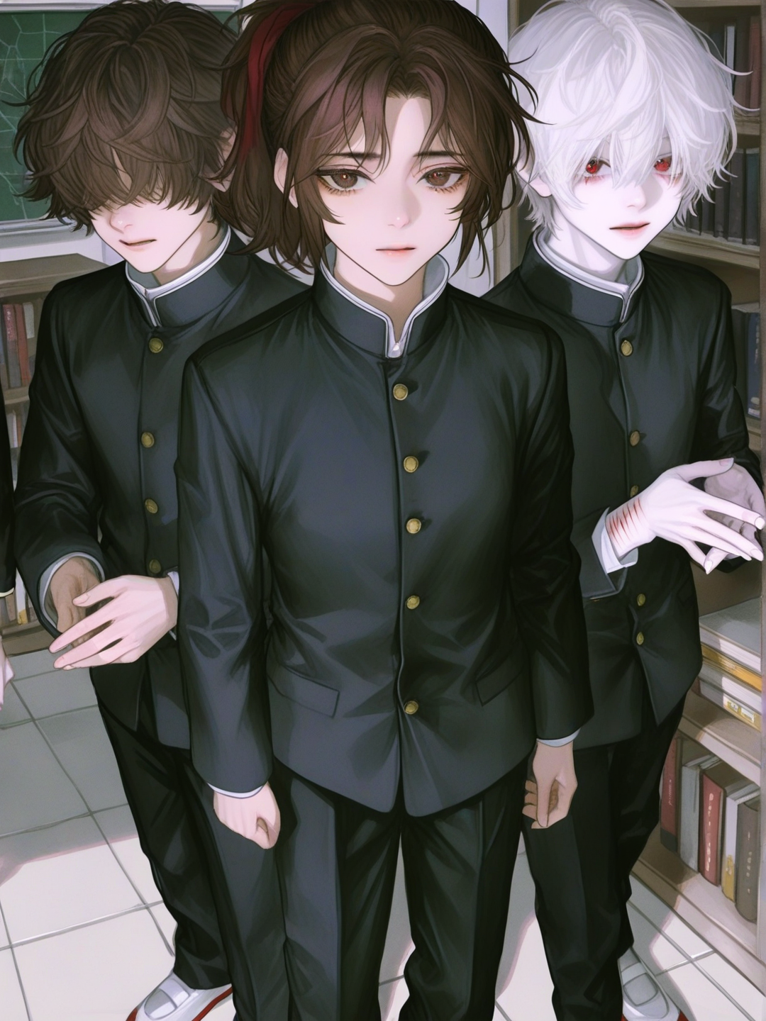 [semi-realistic-portrait-style] 2boys, 1girl, ami, ryo, imaizumi_daiki, semi-realistic, middle school uniform, black gakuran, gold buttons, standing collar, black pants, identical uniforms, brown ponytail, japanese school uniform, albino, pale skin, white hair, messy hair, hair over eyes, skinny build, neutral expression, standing straight, self-harm scars, average build, light skin, brown hair, short hair, neat hair, calm expression, relaxed pose, side by side, youthful face, round cheeks, soft jawline, classroom, wooden bookshelf, stacked books, wall map, stone tile floor, soft even lighting, full body, looking at viewer, simple background, white background