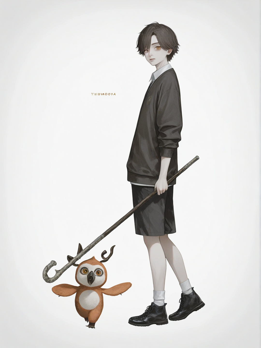 [soft-pastel-style] 1boy, viktor_(arcane), hexcore, brown_hair, amber_eyes, pale_skin, scrawny, thin_cheekbones, walking_cane, facial_moles, beauty_marks, young adult, semi-realistic, realistic_art_style, single character, full body, looking at viewer, simple background, white background