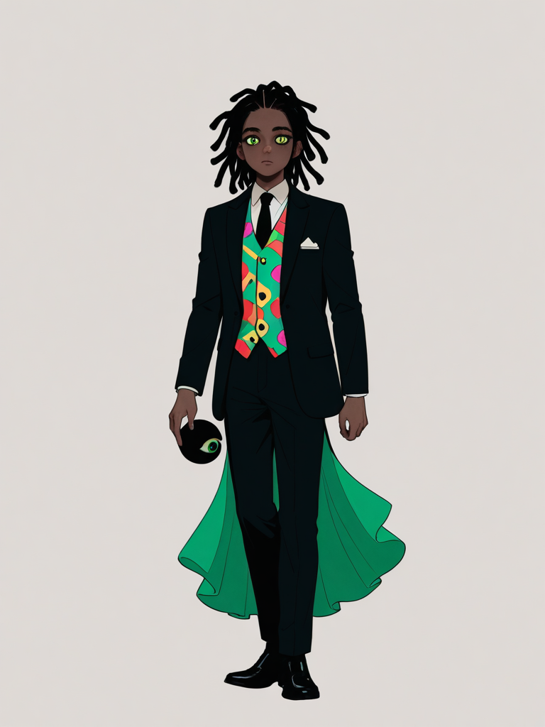 1boy, 1girl, holding_hands, tall_male, dark-skinned_male, long_dreadlocks, eyeball_head, floating_eyeball_head, blacked_out_face, single_eye_in_darkness, missing_arm, torn_arm_hanging_by_vein, bent_animalistic_legs, black_pants, colorful_vest, suit, formal_wear, 1890s_attire, little_girl, dark-skinned_female, black_curly_hair, green_dress, 1890s_attire, creepy, eyelashes, analog_horror, semi_realistic, shadows, weirdcore_background, eye_people, liminal_spaces, lucid_dream, full_body, looking_at_viewer, simple_background, white_background