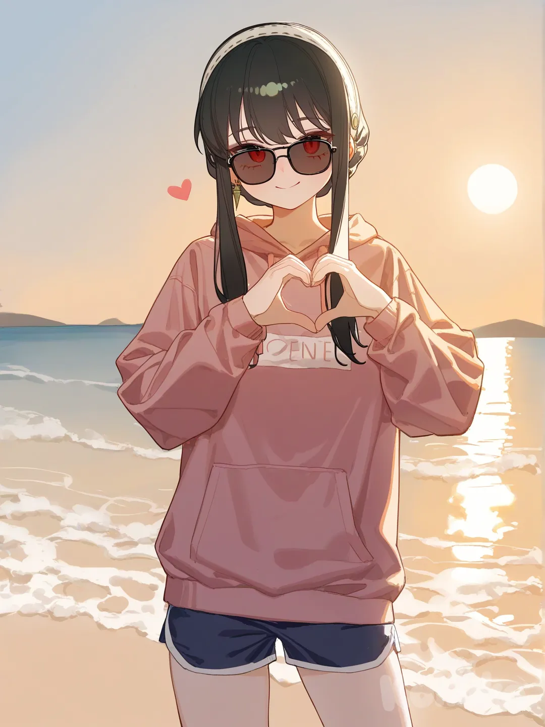 @Yor_Briar, [lacquered-illustration-style], heart hands, beach shorts, hoodie, jewelry, sun, sunglasses
