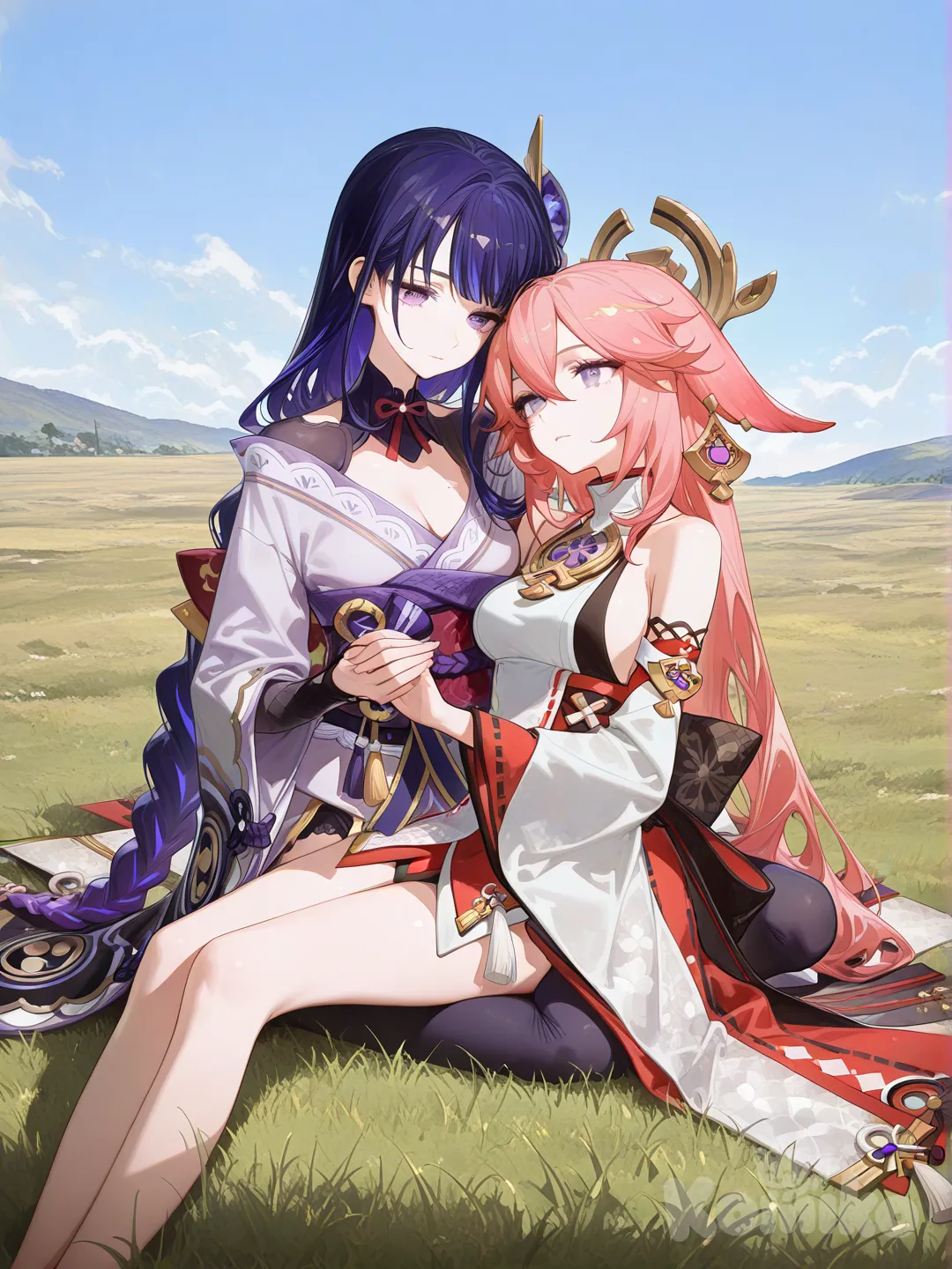 [high-gloss-illustration-style], 2people, holding hands, sitting on lap, grassland, @Raiden_Shogun, @Yae_Miko