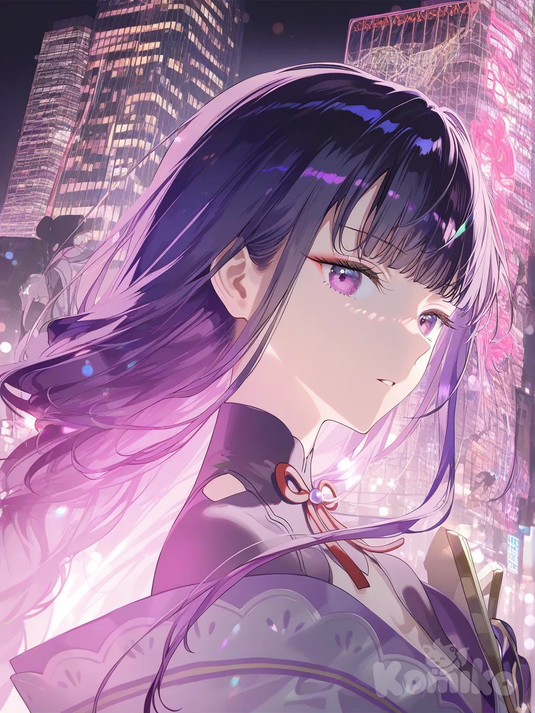 @Raiden_Shogun, skyscraper, night, [iridescent-style]