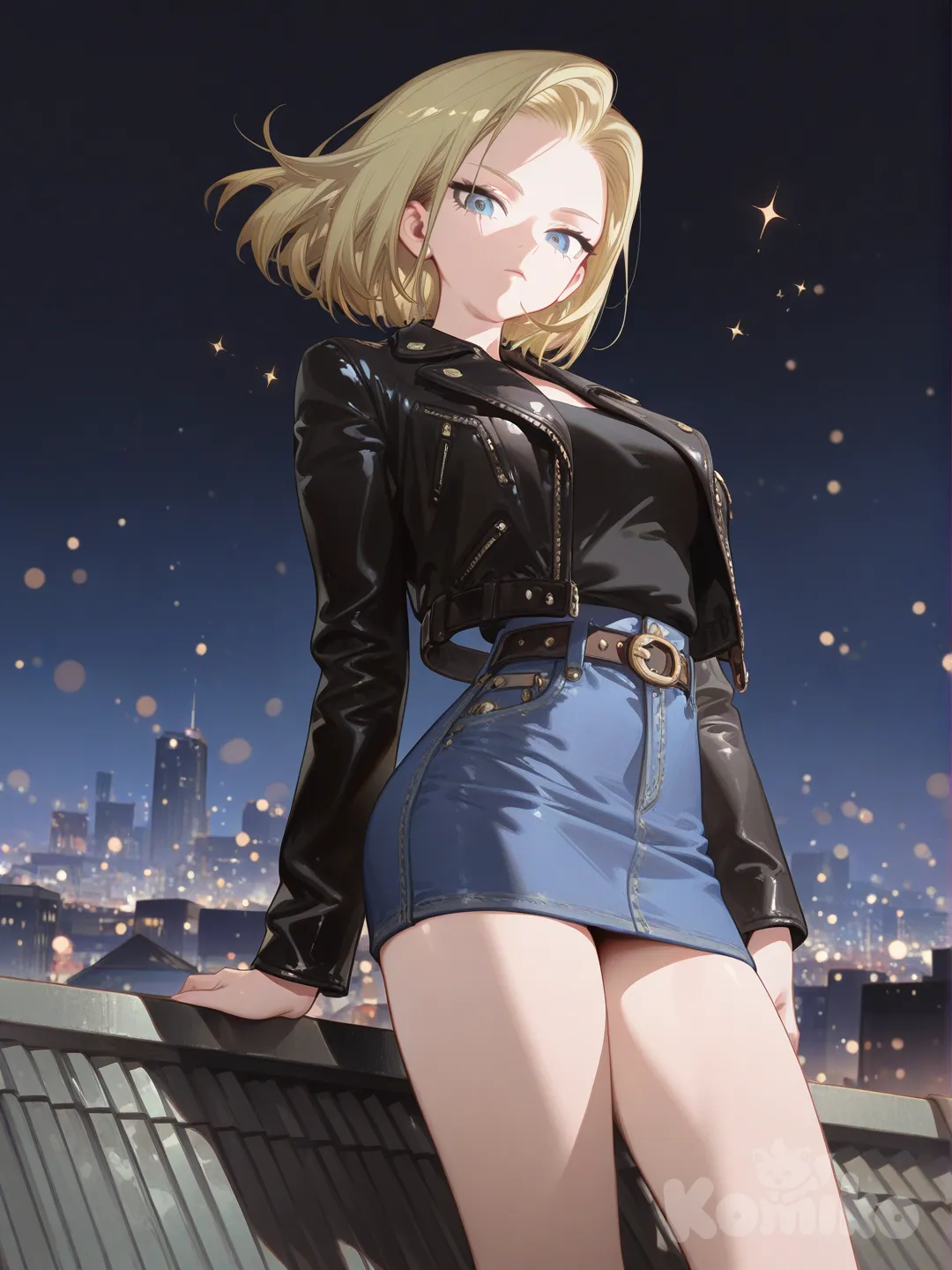 1girl, @Android_18, leather jacket, denim skirt, skyscraper, night, sparkle, city lights, [high-gloss-illustration-style]