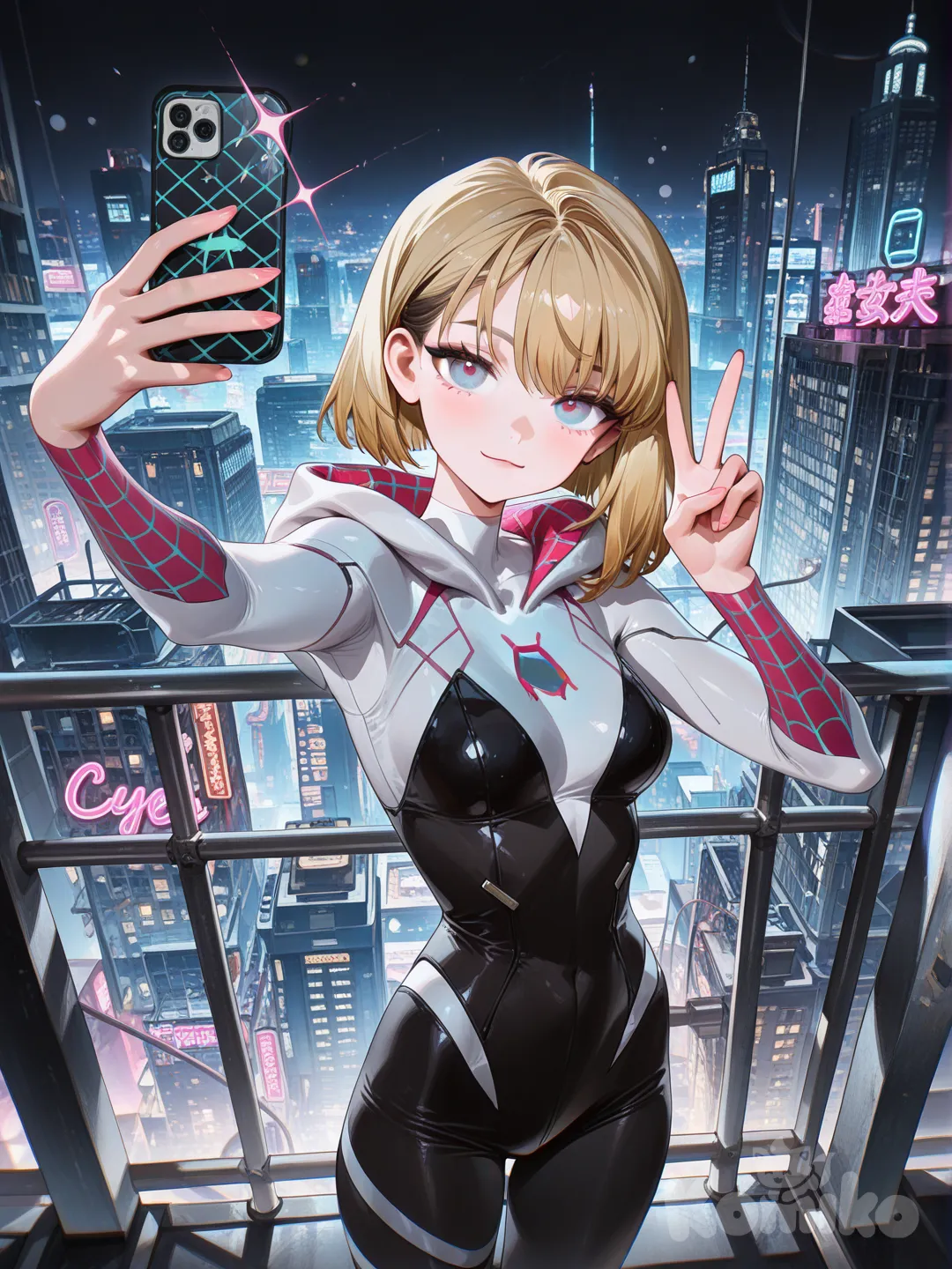_(2099), @Gwen_Stacy, v sign, selfie, skyscraper, night, sparkle, city lights, neon lights, cinematic lighting, [high-gloss-illustration-style]