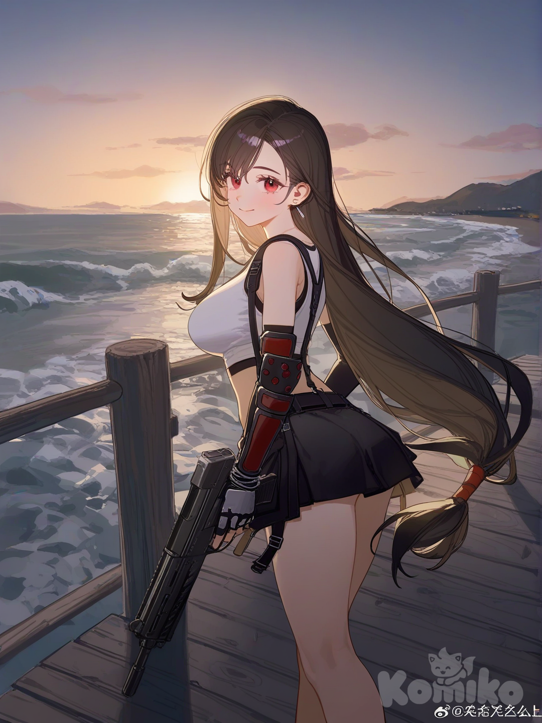 @Tifa_Lockhart, holding gun, backlight, top light, pier, [lacquered-illustration-style]