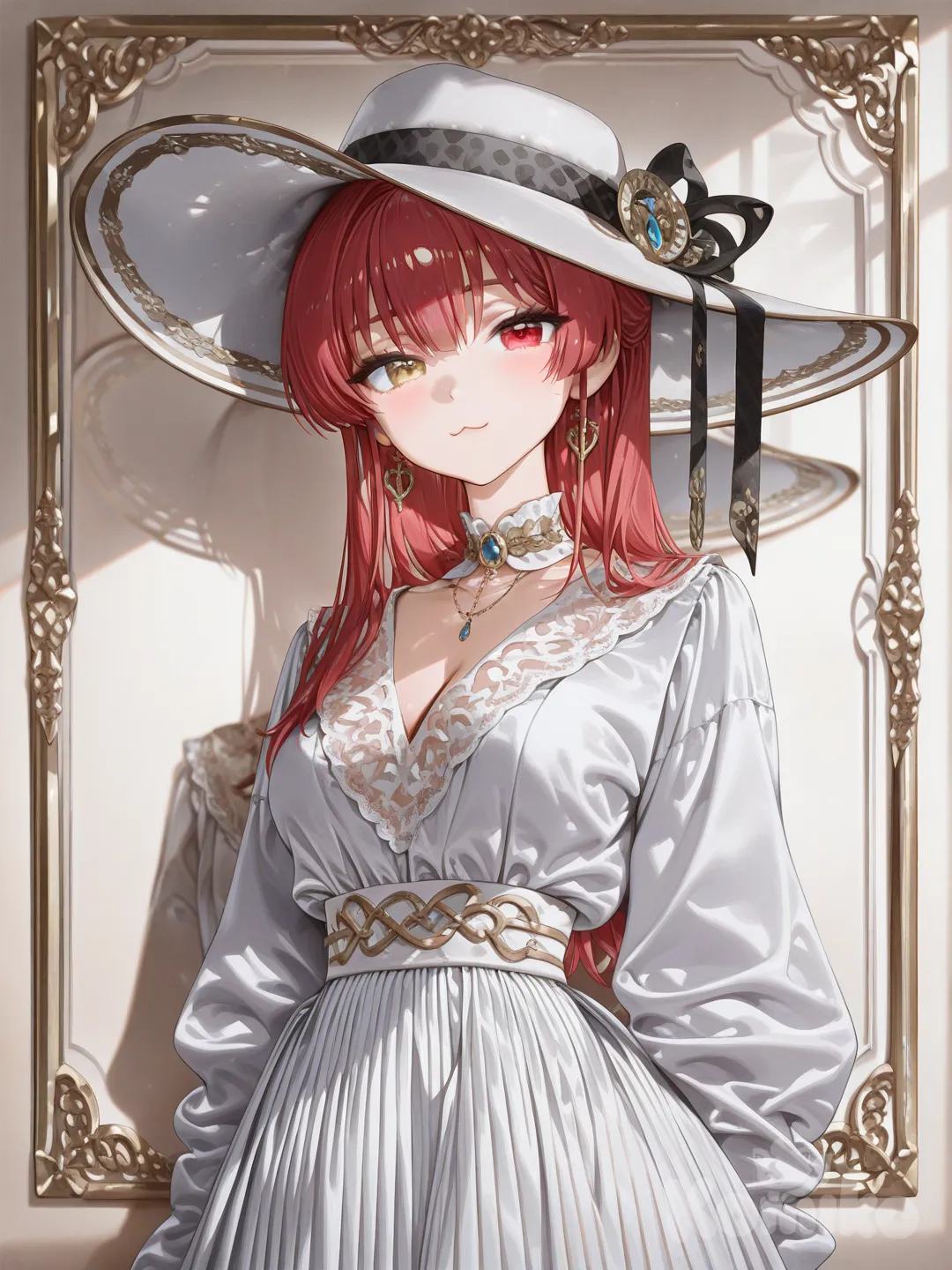 @Houshou_Marine, [high-gloss-illustration-style], soft shadow,Vestido formal, falda larga, sombrero, portrait