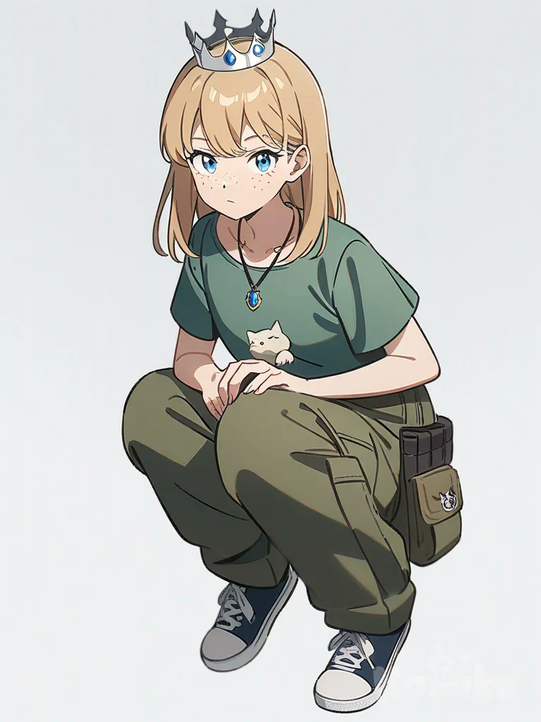 1girl, teenager, tall, light brown hair, blue eyes, freckles, fair skin, sage green t-shirt, cargo pants, silver crown with blue gems, black necklace with small cat pendant, single character, full body, looking at viewer, anime style, simple background, white background