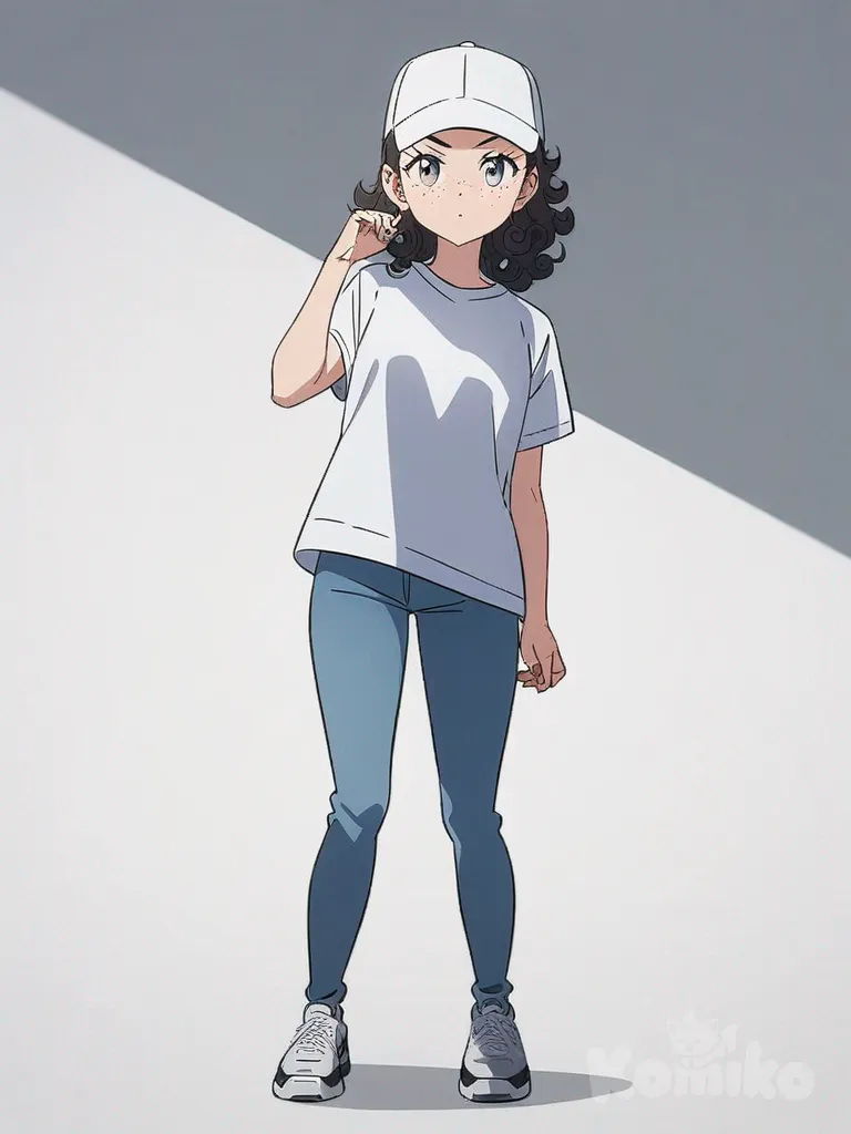 1girl, cartoon, anime coloring, teenager, athletic, curly hair, gray eyes, freckles, fair skin, t-shirt, jeans, baseball cap, single character, full body, looking at viewer, anime style, simple background, white background