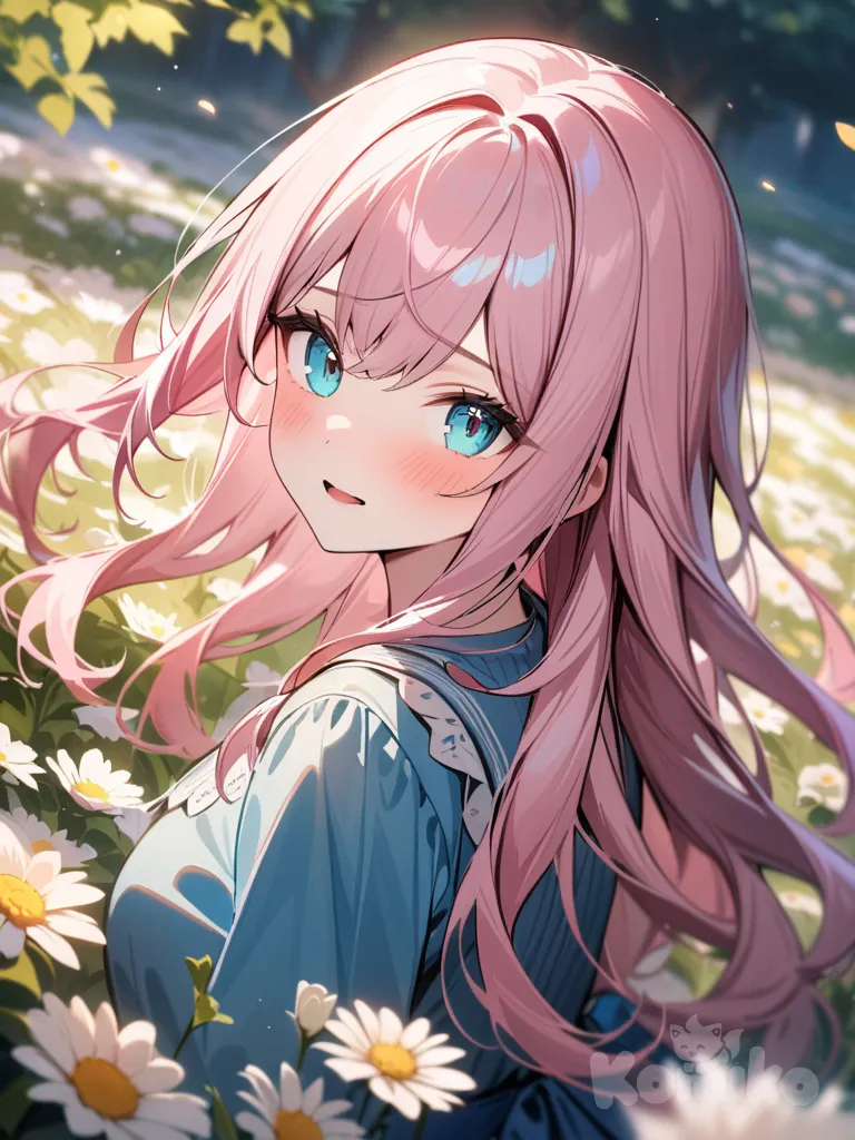 aqua eyes, pink hair, blue dress, long hair, flower field