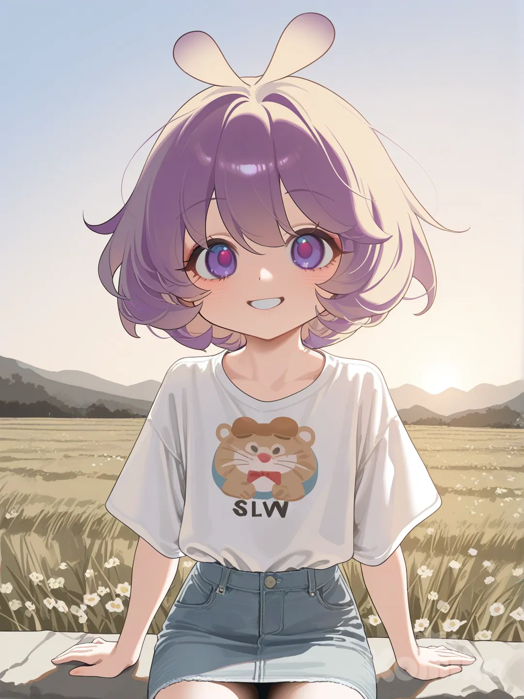 1girl, soft pastel style, t-shirt, denim skirt, sitting, smiling, outdoors, sunny day, light breeze