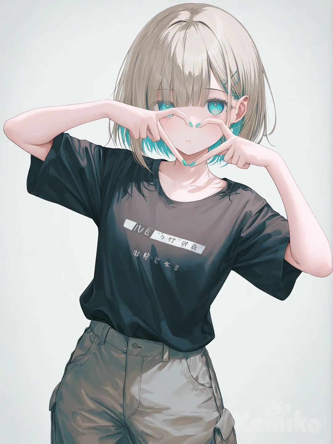 aqua eyes, 1girl, [soft-pastel-style], heart hands, t-shirt, cargo pants, looking at viewer