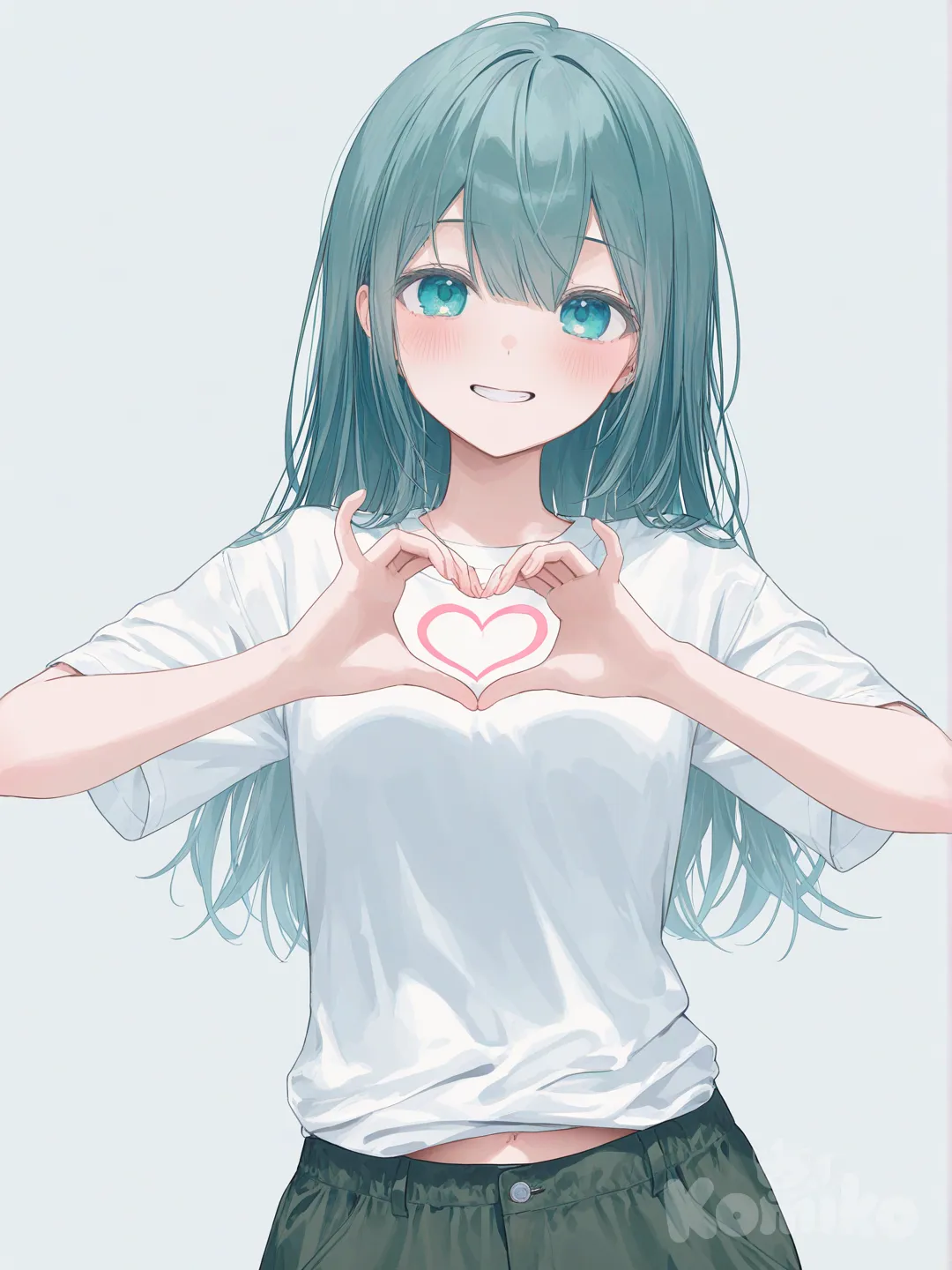 aqua eyes, 1girl, [soft-pastel-style], heart hands, t-shirt, cargo pants, looking at viewer
