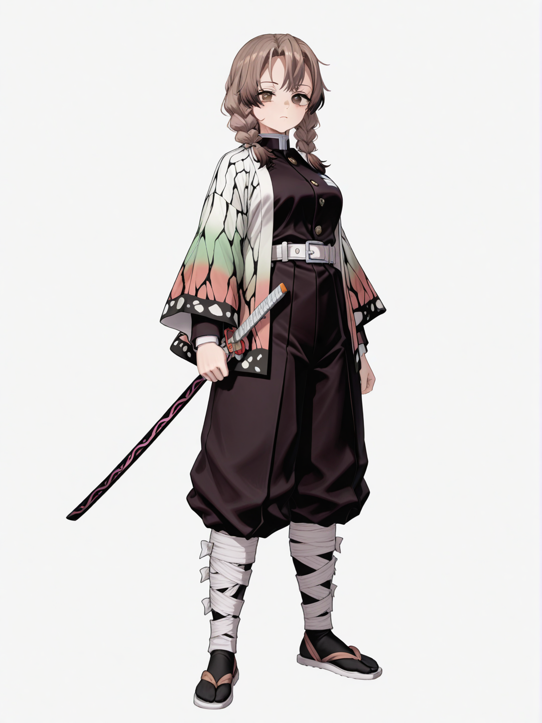 [3d-anime-style] 1girl, demon slayer style, mature, slim, twintails, long brown hair, brown eyes, fair skin, demon slayer uniform, serious, expressionless, cold eyes, single character, full body, looking at viewer, simple background, white background
