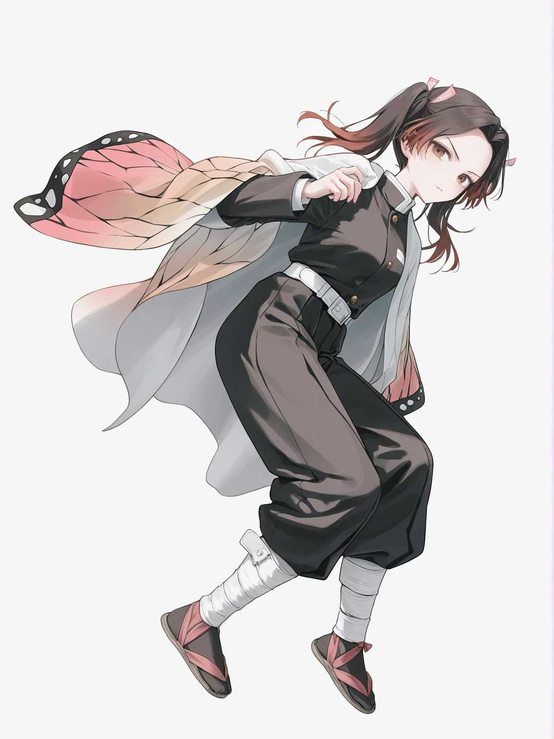 [soft-pastel-style] 1girl, demon slayer style, mature, slim, twintails, long brown hair, brown eyes, fair skin, demon slayer uniform, serious, expressionless, cold eyes, single character, full body, looking at viewer, simple background, white background