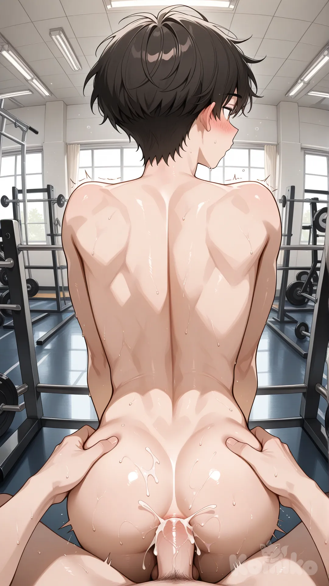 yaoi, full body, cum in ass, looking away, sex, gym, twinks, cowboy shot