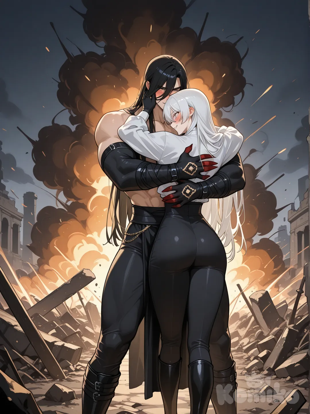 Tia, a slender young man with a narrow waist and shapely hips, long wavy white hair reaching his hips, and a long bang that covers his nose, wears a luxurious, modest white long-sleeved shirt, form-fitting black trousers, and black knee-high boots. He wears black gloves with red claws on his hands, and has a sweet, gentle face.
Yu, a handsome young emperor in casual attire, has long, jet-black hair and a muscular build, dressed in ancient Chinese clothing.
Tia is embraced tightly by Yu on the battlefield.