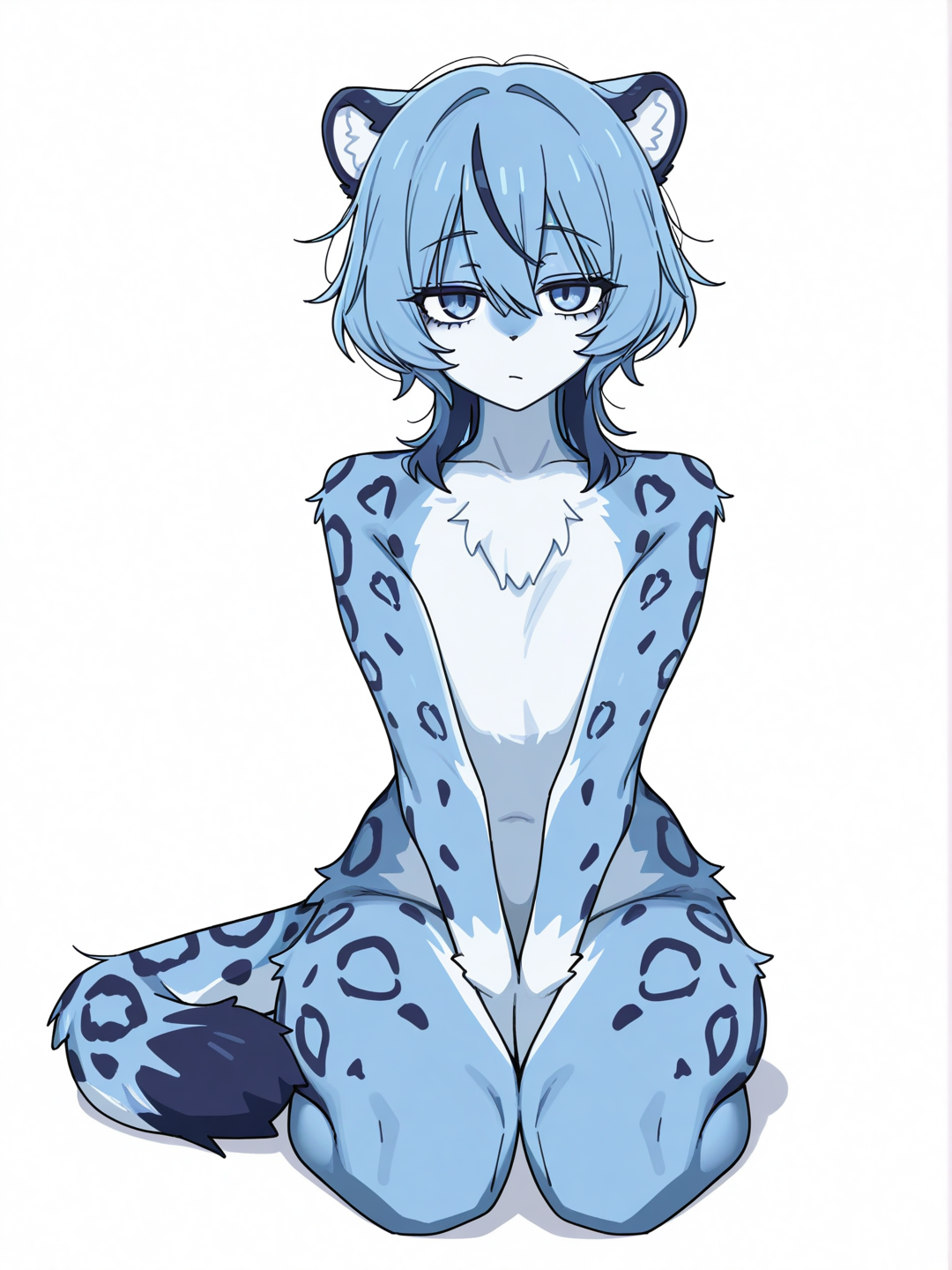 [toon-shaded-style] cute, blue_fur, dark_blue_spots, leopard, sitting, single_character, full_body, looking_at_viewer, anime_style, simple_background, white_background