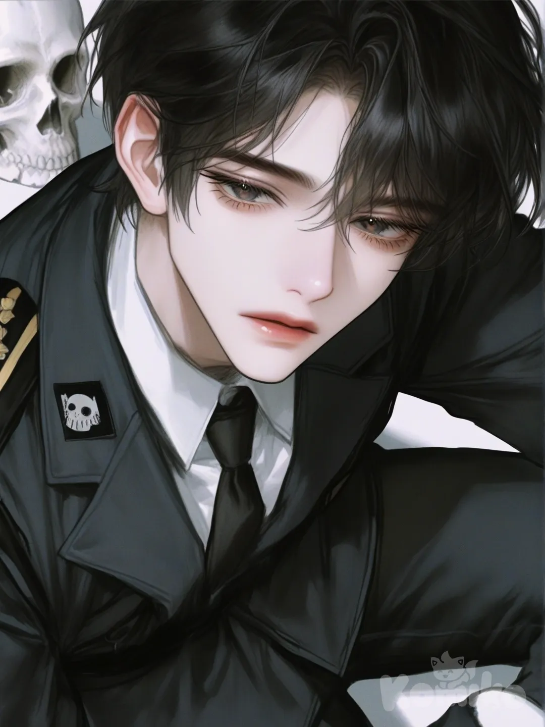 [semi-realistic-portrait-style], sitting on the ground, head tilt, expressionless, masked men, The name is ghost, Tall, Military, skull mask