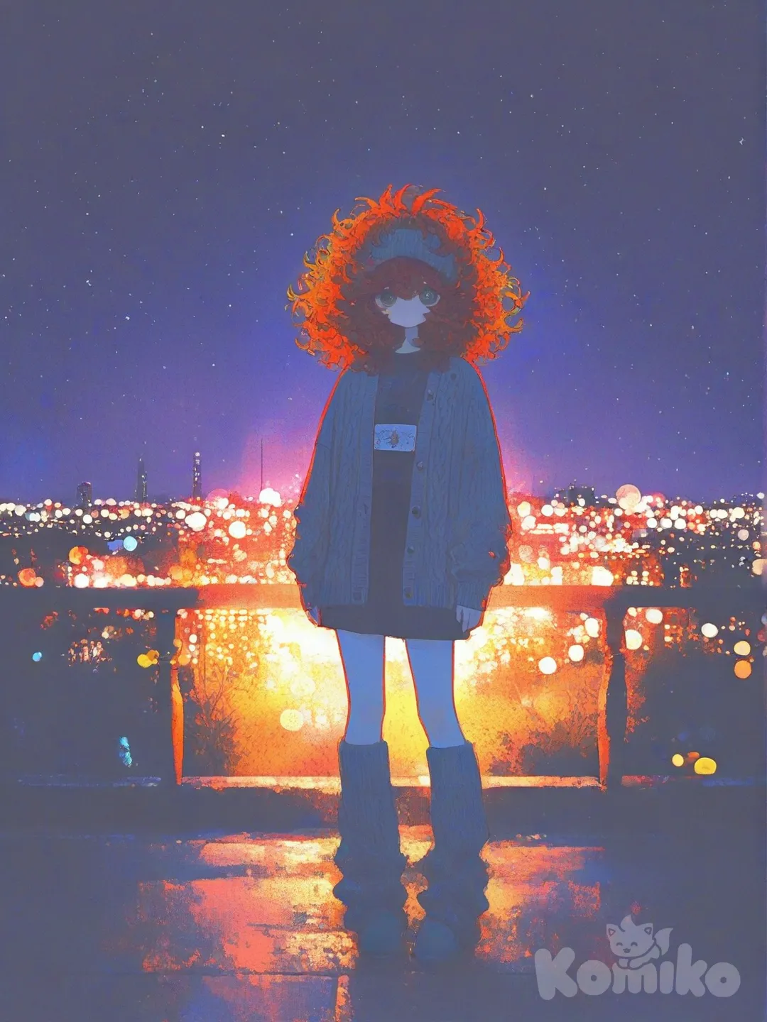 [sweet-painting-style], full body, looking at viewer, night, city lights, cityscape, knitted cardigan, overalls, headband, spiky hair, fluffy curls, burgundy