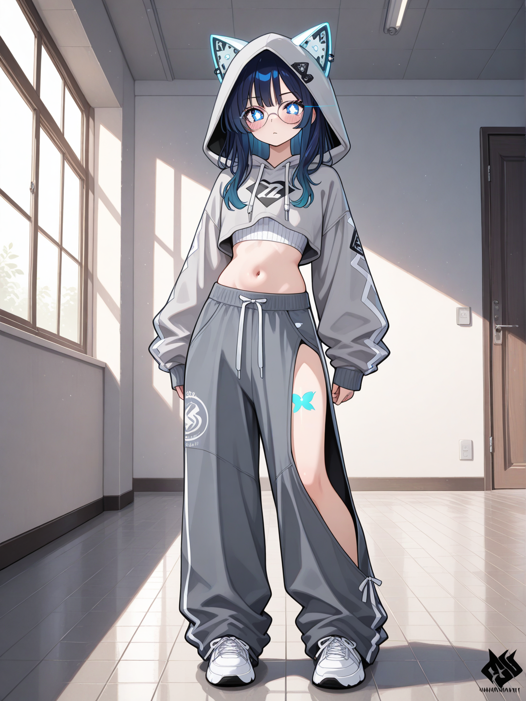 Ultra-anime girl with dark-blue hair and pastel highlights, blue sparkling eyes, wearing round glasses and cat ears. Dressed in lazy maximalist coord, oversized heather gray cropped zip-up hoodie with huge hood, white drawstring waist tie, matching heather gray ultra-wide-leg floor-sweeping sweatpants, tiny black embroidered logo on left thigh, white ribbed crop tank underneath