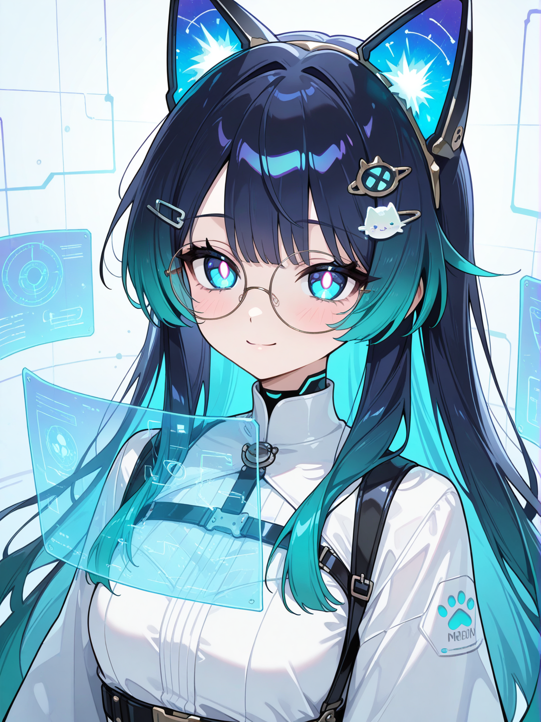 cute anime-style android girl, based on the original character, long dark-blue hair with teal tips, glowing blue eyes, soft smile, wearing round glasses, cat-ear hair accessories transformed into translucent holographic cat-ears, small cat-shaped hairpin as LED device, subtle circuit patterns glowing beneath skin, metallic highlights on neck and joints, semi-transparent synthetic hair with neon reflections, smooth porcelain-like face with faint mechanical seams, futuristic pastel background with floating holographic icons, high detail, glossy finish, soft lighting, ultra-clean sci-fi aesthetic