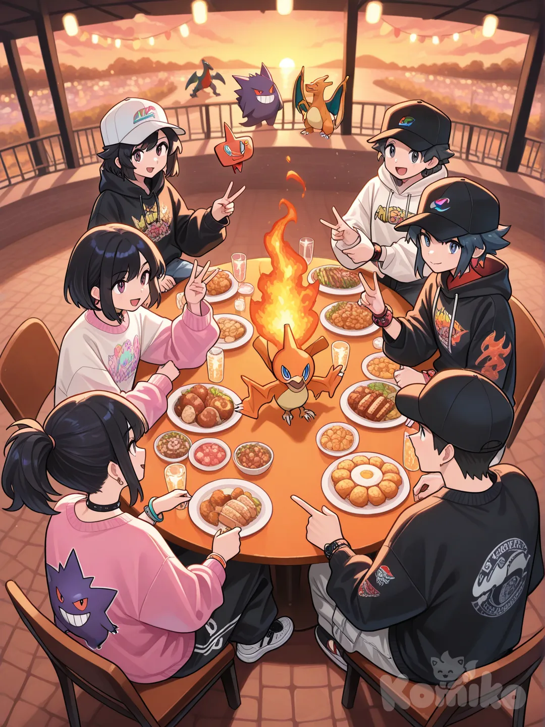 "Una toma de plano cenital (desde arriba) de un grupo de amigos celebrando con sus Pokémon en un parque después de ganar un torneo. La escena debe tener una tonalidad de convivencia y victoria. Hay comida y más gente celebrando en el fondo (desenfocado)."
"El personaje principal (el entrenador) tiene un estilo moderno 'underground' o de moda urbana (streetwear). Su ropa es de colores negro, blanco o una combinación de blanco y rosado. Viste un suéter suelto (oversized) con un dibujo de anime en el frente, y un pantalón holgado estilo Dickies o cargo, con zapatillas de estilo Nike Cortez o similar que combinen con el 'flow' de la ropa. Puede llevar el cabello negro o una gorra estilo New Era semi-curva. Su tono de piel es neutro (ni tan blanco ni tan moreno). En su mano izquierda lleva una pulsera de Mega Evolución (no necesita ser idéntica, solo que se parezca)."
"A su alrededor están seis Pokémon: Goldengo, Rotom (forma Lavadora), Talonflame, Garchomp, Charizard y Gengar."
"Estilo de arte: Ilustración digital, alta calidad, iluminación de parque al atardecer, colores vibrantes con enfoque en el estilo streetwear."