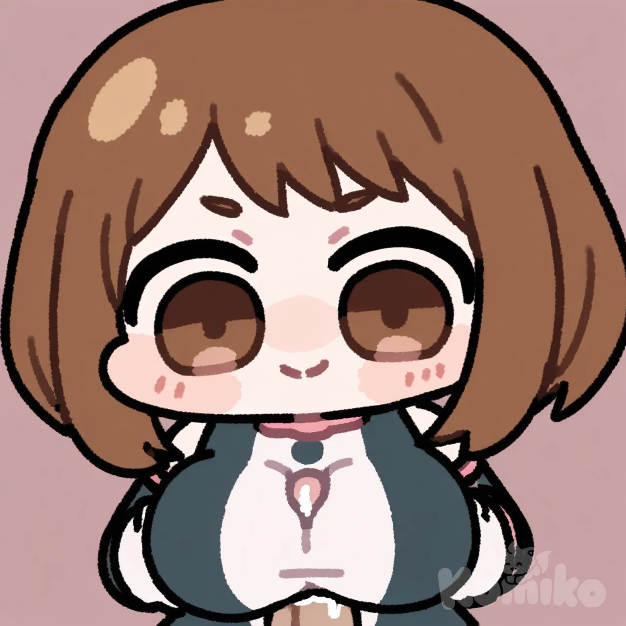 [blocky-faced-chibi-style], @Uraraka_Ochako, smile, closed mouth, paizuri under clothes, breasts, large breasts, large penis, cum