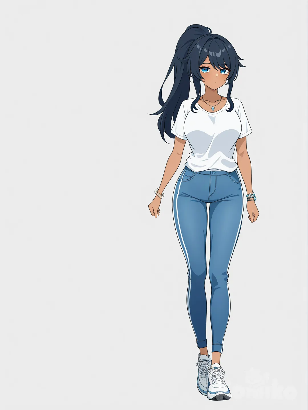 [bright-anime-style] 1girl, athletic, black_hair, blue_eyes, tan_skin, curvy, ponytail, necklace, bracelet, t-shirt, hoodie, tracksuit, jeans, wide-leg_pants, genshin impact style, single character, full body, looking at viewer, anime style, simple background, white background