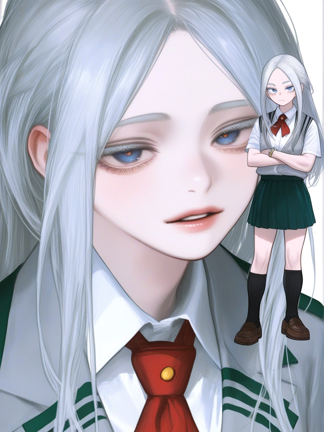 [semi-realistic-portrait-style] 1girl, my_hero_academia_(series), official_art, kohei_horikoshi, teenager, long_hair, white_hair, blue_eyes, pale_skin, school_uniform, knee_socks, pearls, slim, single character, full body, looking at viewer, simple background, white background