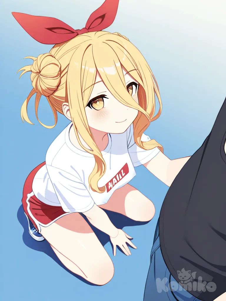 Hoshimiya Mukuro (Date a live), t-shirt, bird's-eye view, from above, full body, medium breasts, exposed nipple, nipple