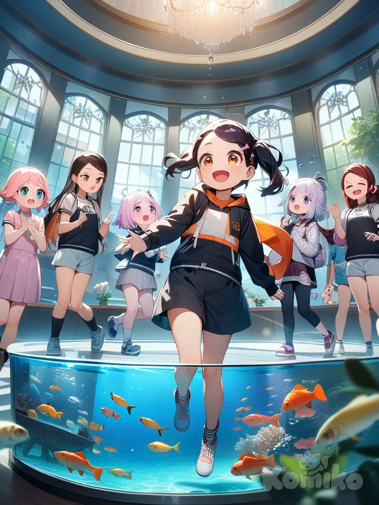 Anya, Becky (Spy X Family) and Kamado Nezuko, Eri, Yachiru Kusajishi, Kanna Kamui, 7girls, 2.5d style, laughing, full body, day, aquarium
