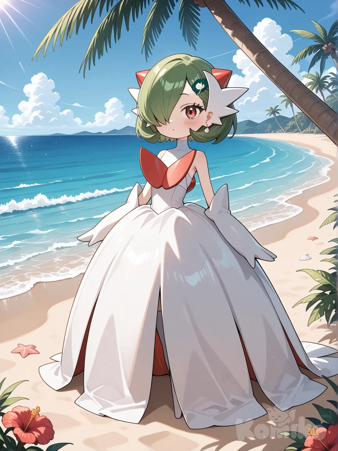 Becky Blackbell,(Spy X Family) 1girl, solo, 2.5d style, mega gardevoir cosplay dress, standing on beach with tropical flowers
