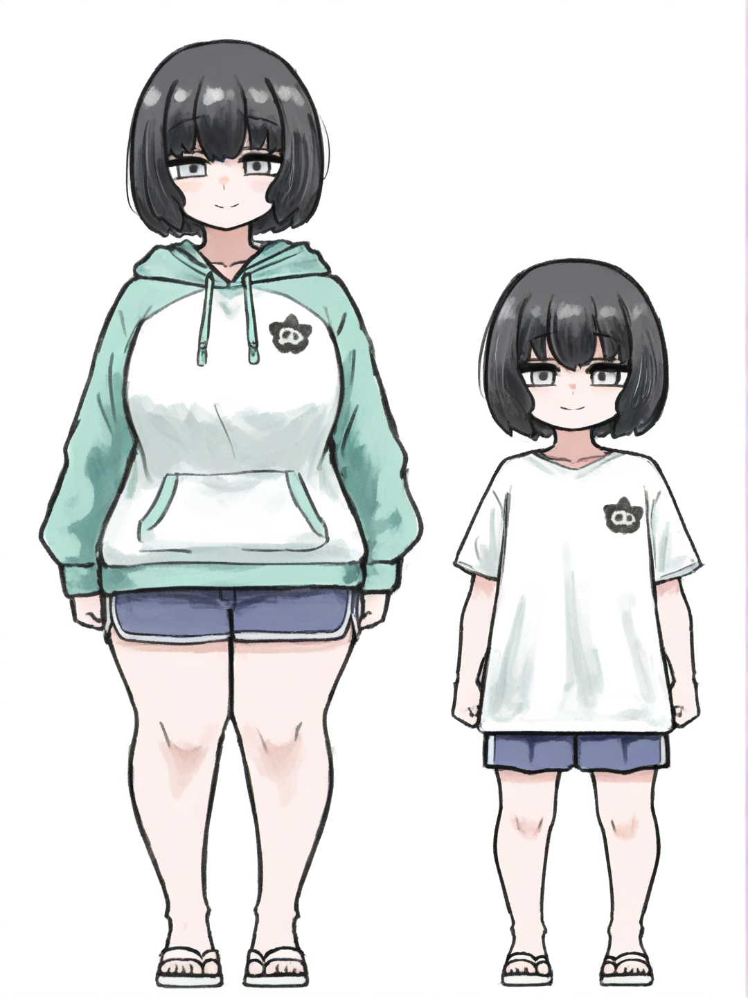 [sketchy-painterly-style] 1girl, bob cut, short hair, gray eyes, child, curvy, hoodie, beach shorts, brave expression, girly, lovely, sweet smile, single character, full body, looking at viewer, anime style, simple background, white background