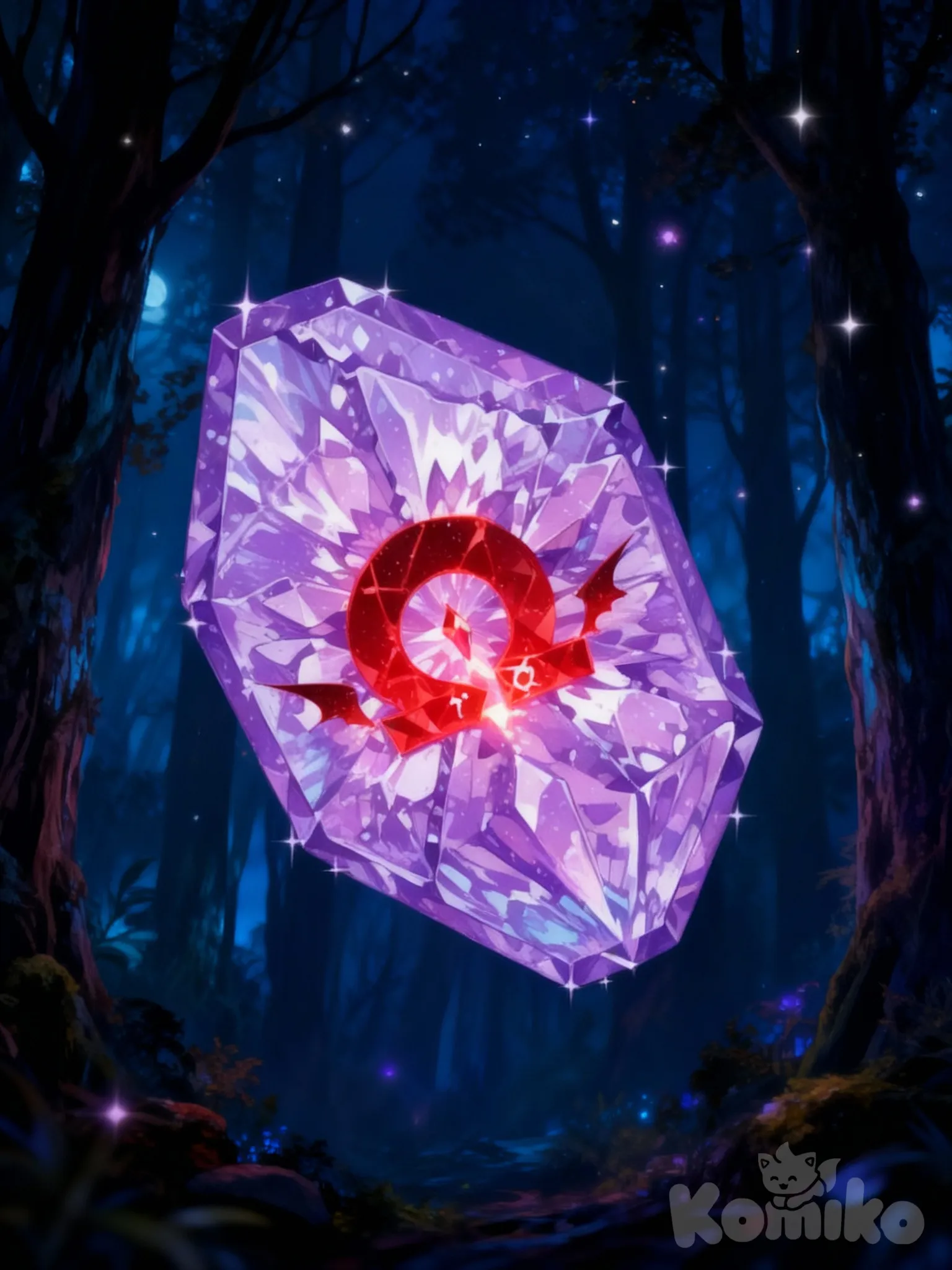 Crystal, Omega stone, Omega Symbol, forest, night, sparkle