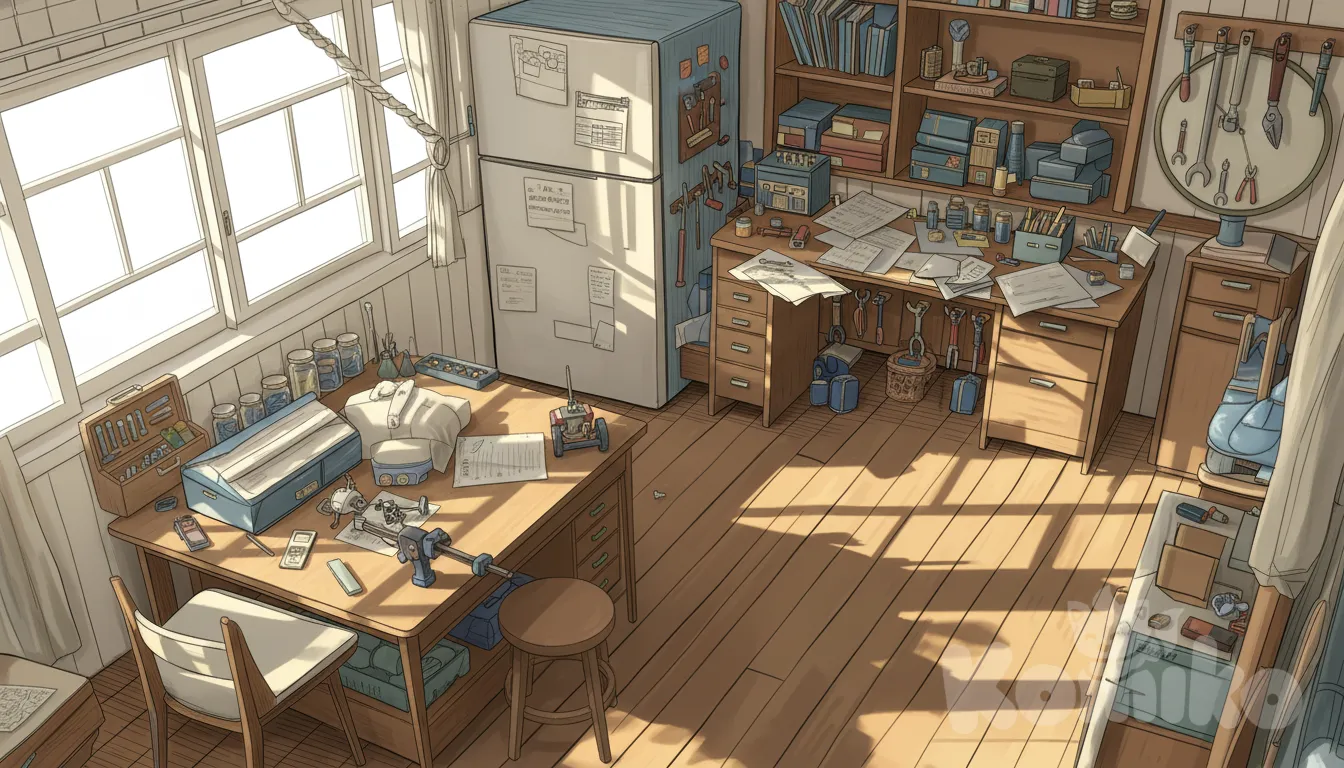 Transform the interior of this room by removing the table, refrigerator, and other objects, and turning it into a workshop with books, tools, shelves, and a table near the window wall. Simply remove and replace the existing items, maintaining their original characteristics. , anime style