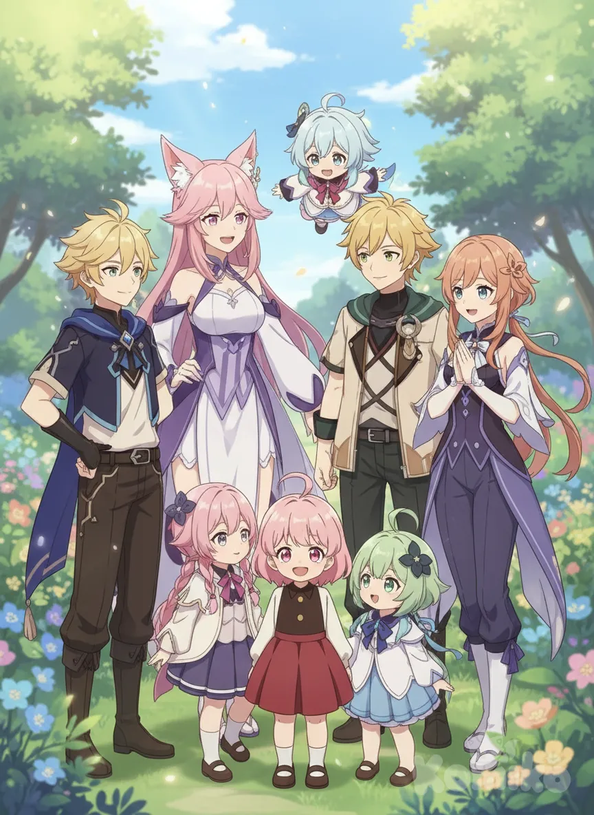 <sweet-K60J>, Yae Miko , Qiqi (Genshin Impact), Lumine (Genshin Impact), Furina (Genshin Impact), Aether (Genshin Impact), Nahida (Genshin Impact), Paimon (Genshin Impact), Sangonomiya Kokomi make friends