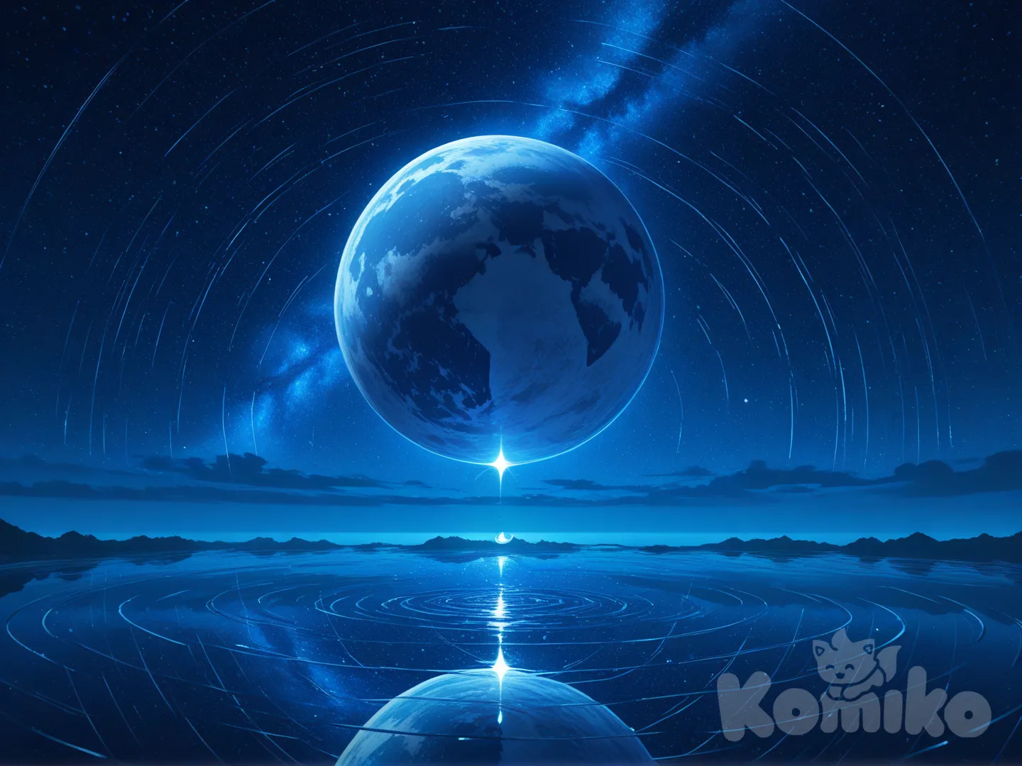 A giant 3D spherical moon-like ball floats gently on an endless, mirror-like sea under a starry night sky, bobbing rhythmically up and down to create shimmering ripples that spread outward infinitely, fading into the cosmic horizon and beyond.