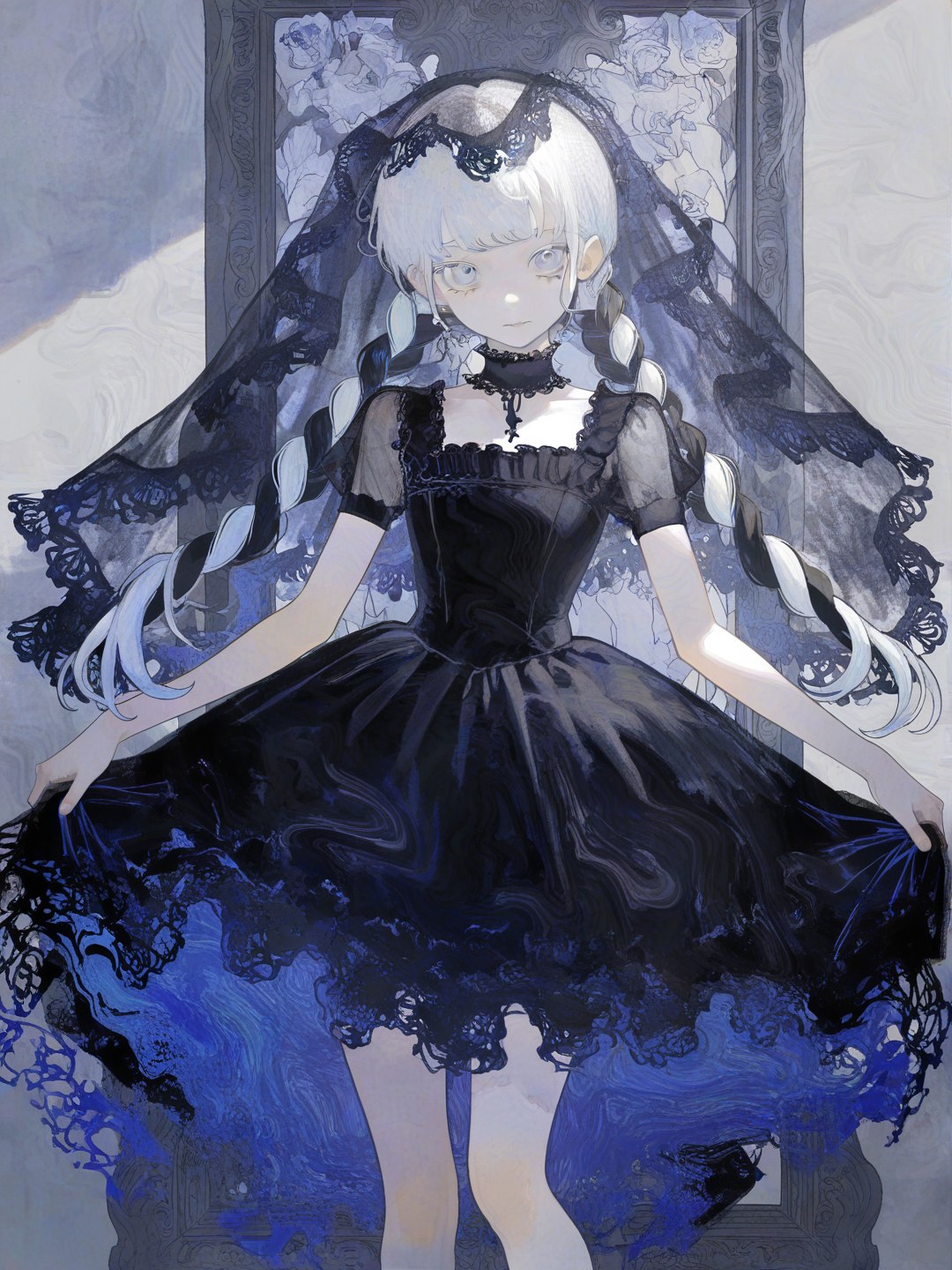 [watercolor-illustration-style], 1girl, teenager, tall, black hair, twintails, white hair, gray eyes, pale skin, little black dress, ruffles, lace, choker, wedding veil